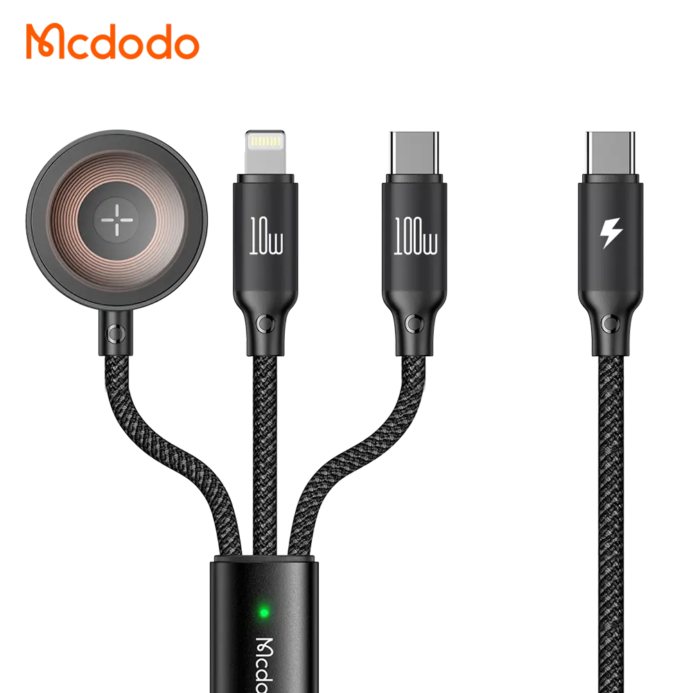 Լիցքավորման լար McDododo 3 in1 100W USB-C to C and Lightning+ WC for AW Cable 1.2m black CA-4940