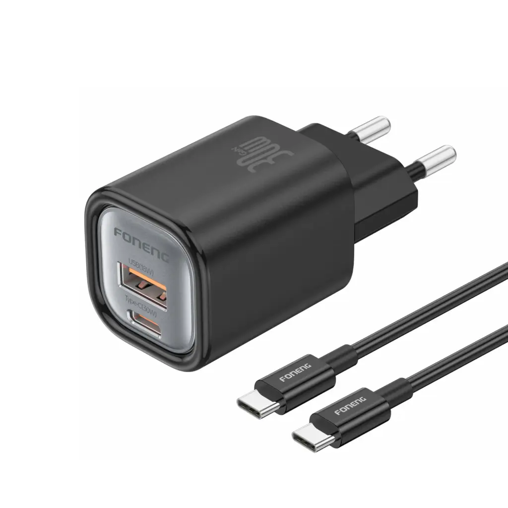 Լիցքավորիչ Foneng EU71 A+C 2-Port GaN PD30W + Type-C to C Black - 3438