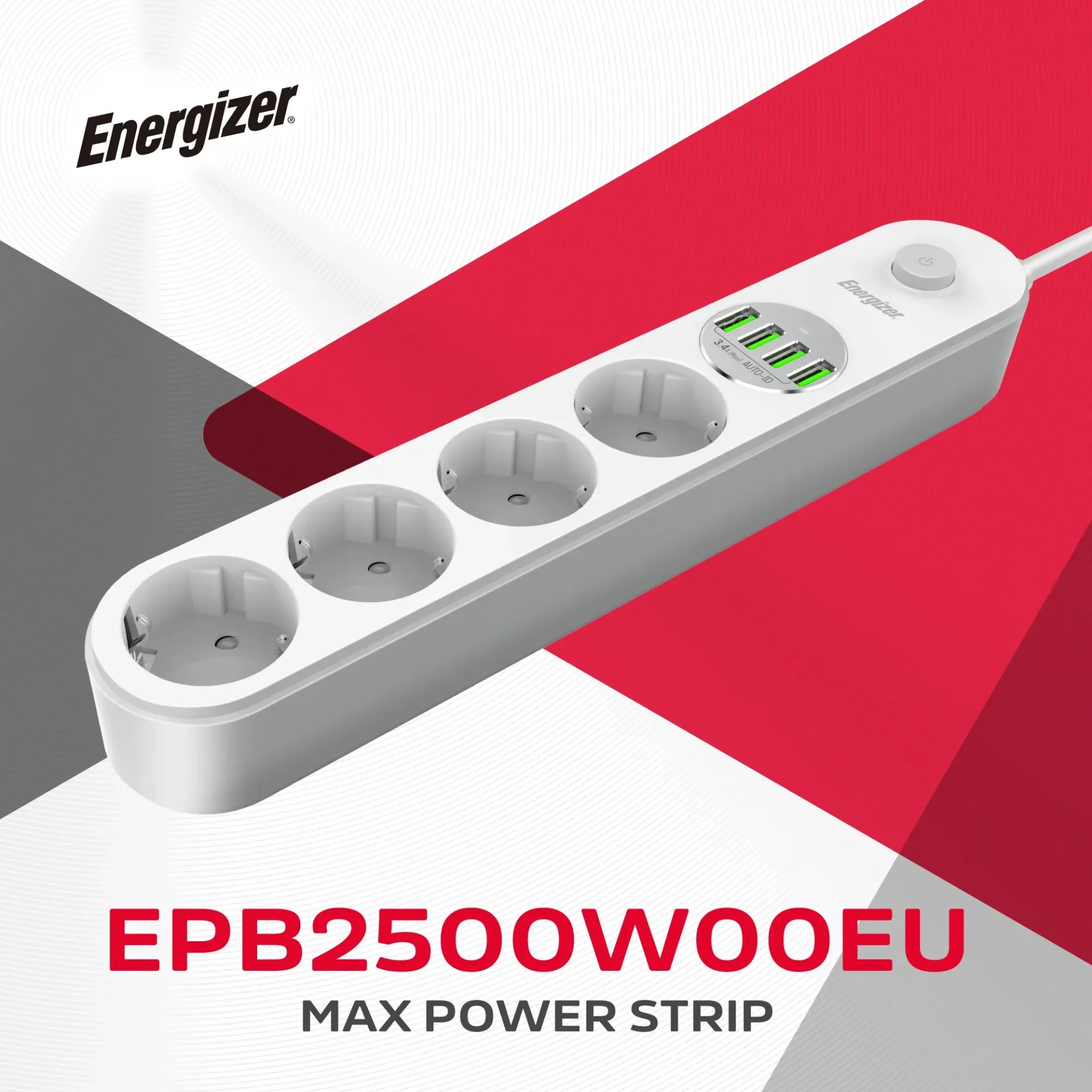 Երկարացման լար Energizer Power Strip EPB2500W00EU White