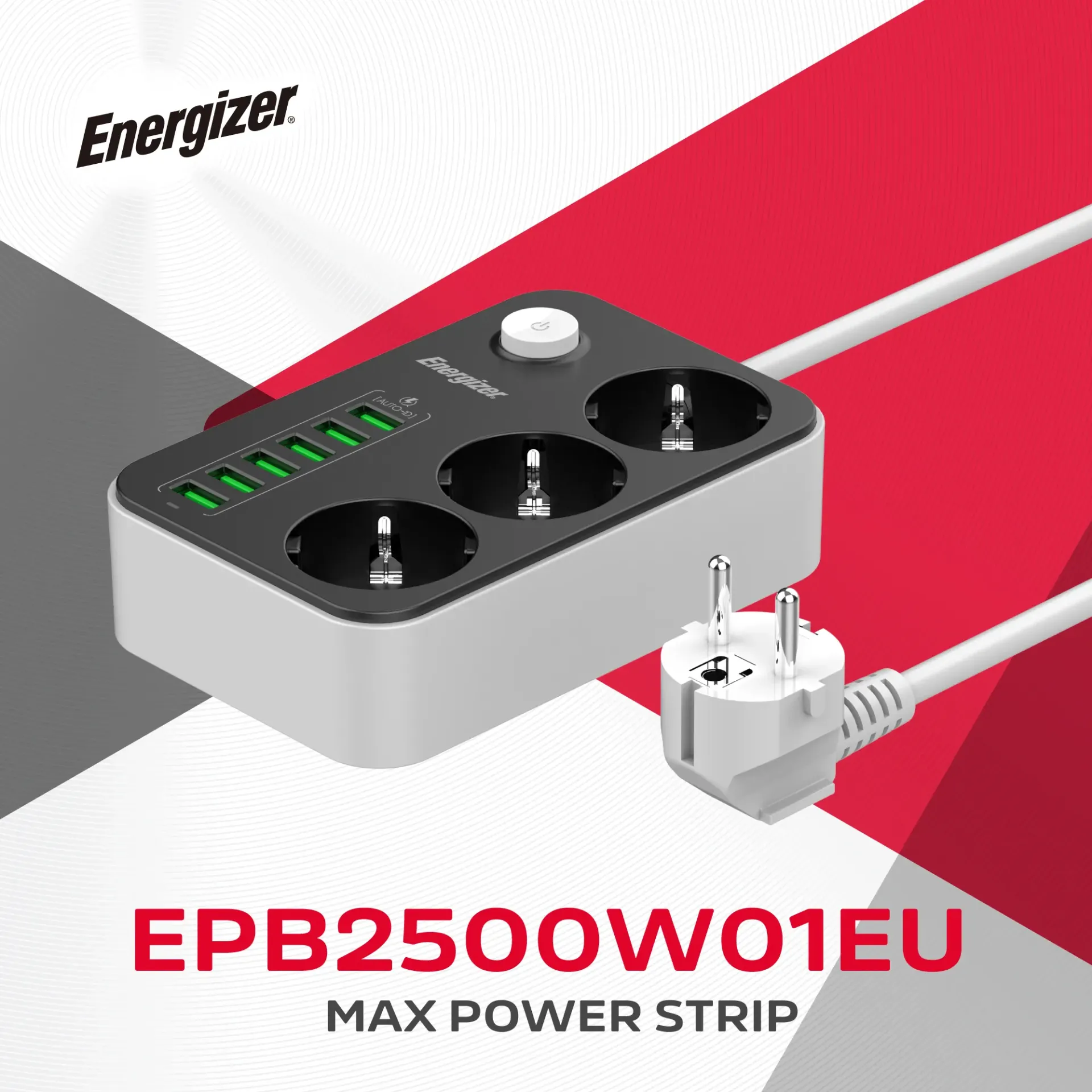 Երկարացման լար Energizer Power Strip EPB2500W01EU Black