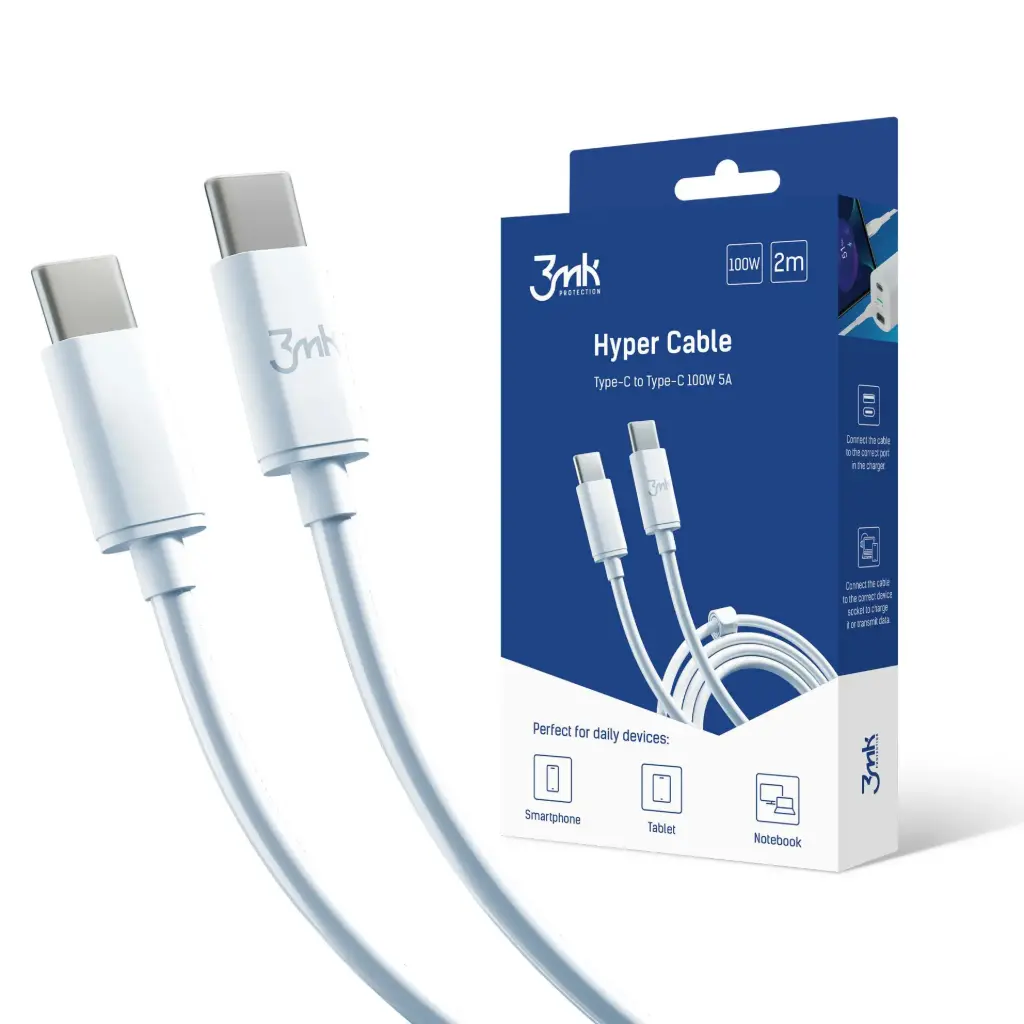 Լիցքավորման լար 3mk Hyper Cable C to C 2m 100W White -4543