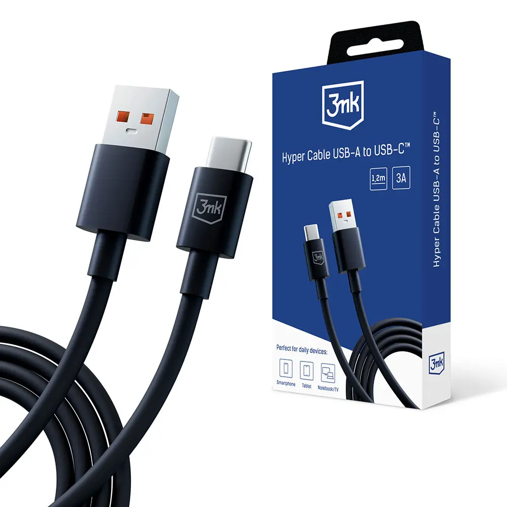 Լիցքավորման լար 3mk Hyper Cable A to C 1.2m 3A Black - 1275