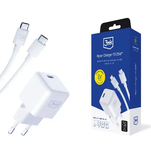[20010014] Լիցքավորիչ 3MK Hyper Charger PD 25W+USB Cable C to C White 1945