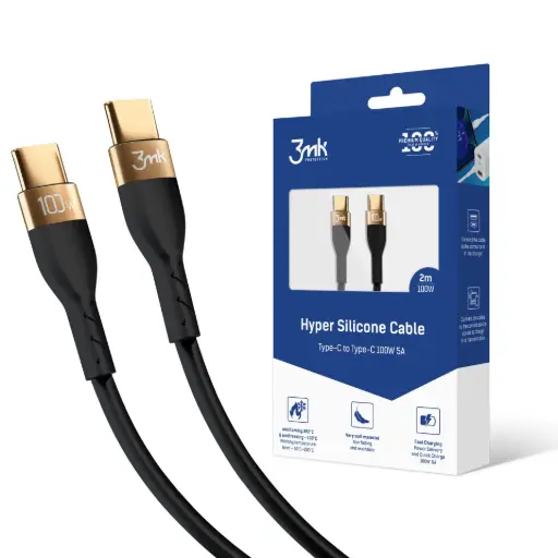 [20020053] Լիցքավորման լար 3mk Hyper Silicone Cable C to C 2m 100W Black -4604