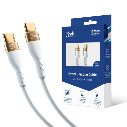 [20020065] Լիցքավորման լար 3mk Hyper Silicone Cable C to C 2m 100W White - 4598